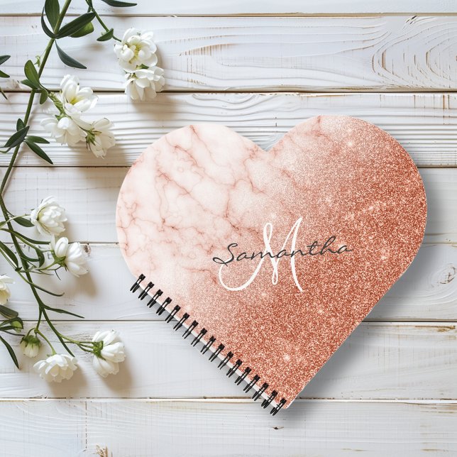 Rose Gold Glitter Marble Monogram Heart Notebook (Creator Uploaded)