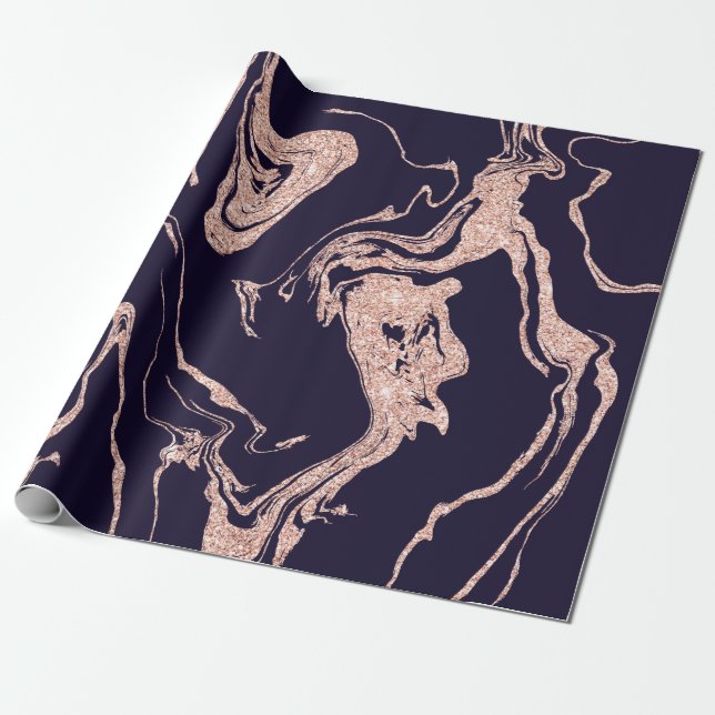 Rose gold glitter marble pattern navy blue wrapping paper (Unrolled)