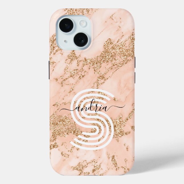 Rose Gold Glitter Marble Personalise Name Monogram Case-Mate iPhone Case (Back)