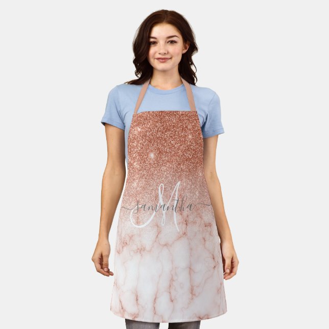 Rose Gold Glitter Marble Pink Personalised Script Apron (Worn)
