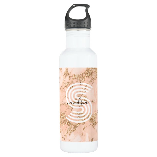 Rose Gold Glitter Marble, Script Name Wht Monogram 710 Ml Water Bottle (Front)