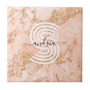 Rose Gold Glitter Marble, Script Name Wht Monogram Ceramic Tile