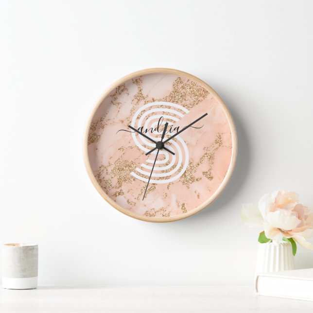 Rose Gold Glitter Marble, Script Name Wht Monogram Clock (Home)