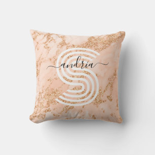 Rose Gold Glitter Marble, Script Name Wht Monogram Cushion