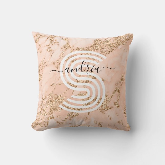 Rose Gold Glitter Marble, Script Name Wht Monogram Cushion (Front)