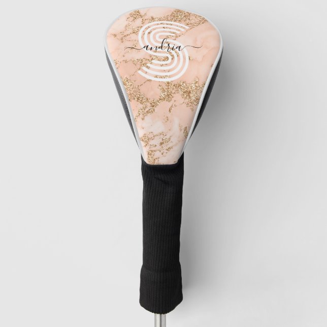 Rose Gold Glitter Marble, Script Name Wht Monogram Golf Head Cover (Front)
