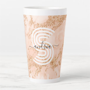 Rose Gold Glitter Marble, Script Name Wht Monogram Latte Mug
