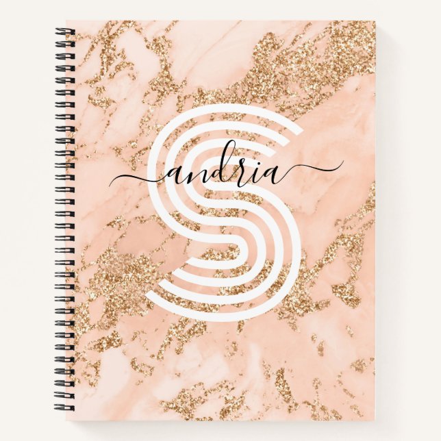 Rose Gold Glitter Marble, Script Name Wht Monogram Notebook (Front)