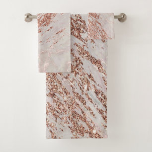 Rose Gold Glitter Marble Swirl Stone Bath Towel Set