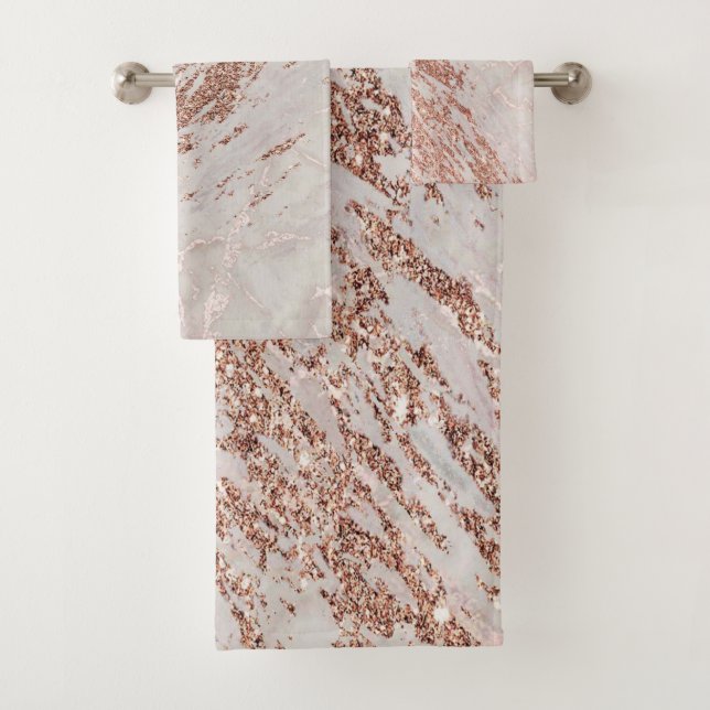 Rose Gold Glitter Marble Swirl Stone  Bath Towel Set (Insitu)