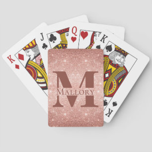 Rose Gold Glitter + Mauve Monogram Custom Name Playing Cards