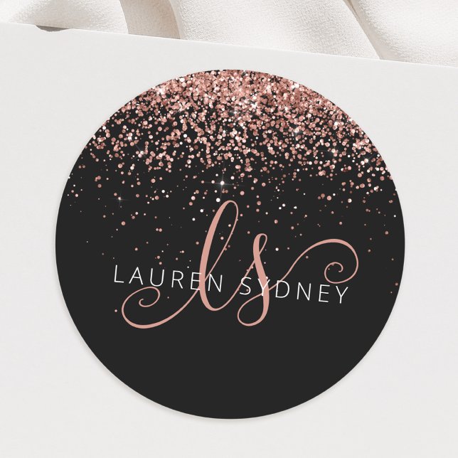 Rose Gold Glitter Metal Monogram Glam Name Classic Round Sticker (Creator Uploaded)