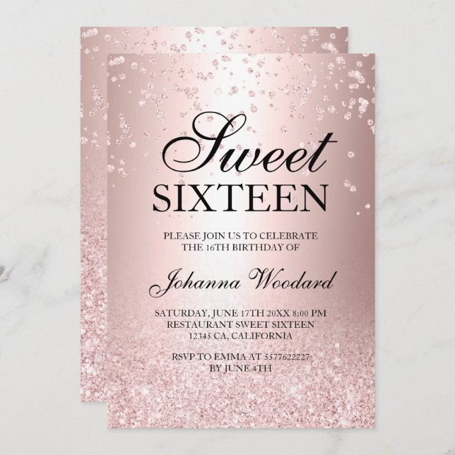 rose gold glitter metallic confetti Sweet 16 Invitation (Front/Back)