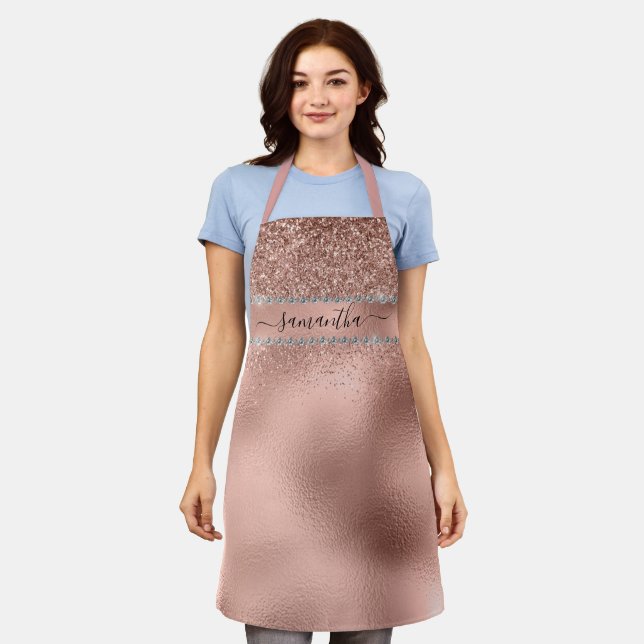 Rose Gold Glitter Metallic Diamond Bling Monogram Apron (Worn)