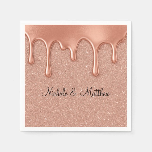 Rose Gold Glitter & Metallic Drips Wedding Napkin (Front)
