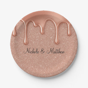 Rose Gold Glitter & Metallic Drips Wedding Paper Plate