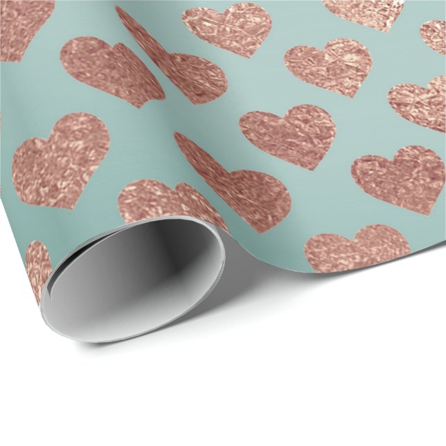 Rose Gold Glitter Metallic Mint Blue Hearts Wrapping Paper (Roll Corner)