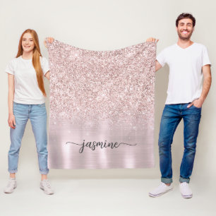 Rose Gold Glitter Metallic Monogram Name Script Fleece Blanket