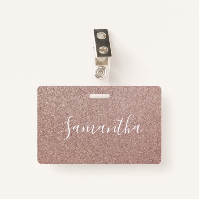 Rose Gold Glitter Metallic Pretty Girly Sparkly ID Badge (Front with Clip)