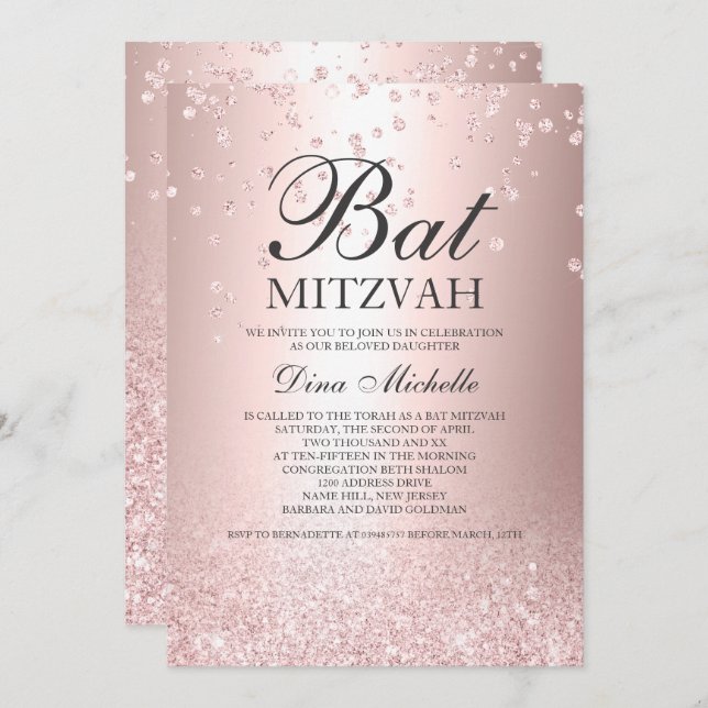 rose gold glitter metallic sparkle Bat Mitzvah Invitation (Front/Back)