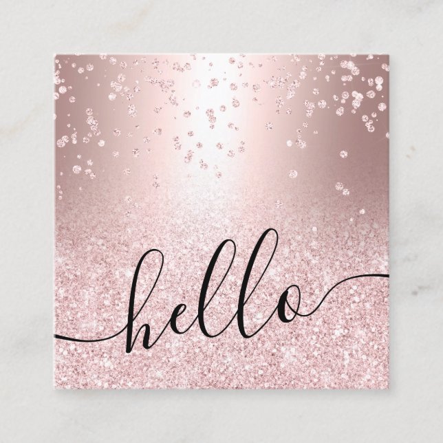 rose gold glitter metallic sparkle confetti hello square business card (Front)