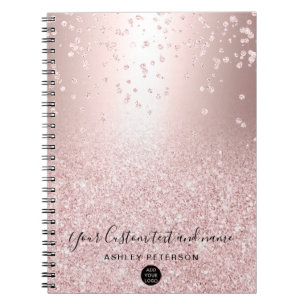 rose gold glitter metallic sparkle confetti logo notebook