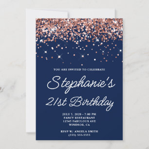 Rose Gold Glitter Midnight Blue 21st Birthday Invitation