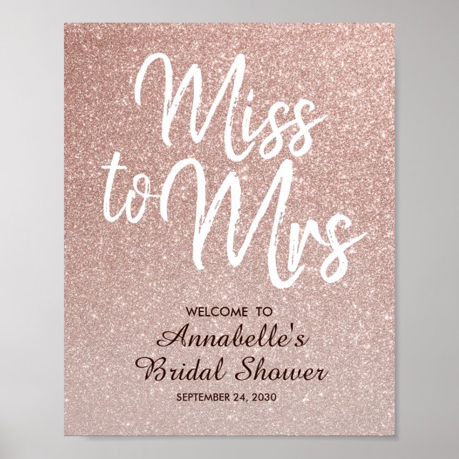 Rose Gold Glitter Miss Mrs Bridal Shower Welcome Poster (Front)