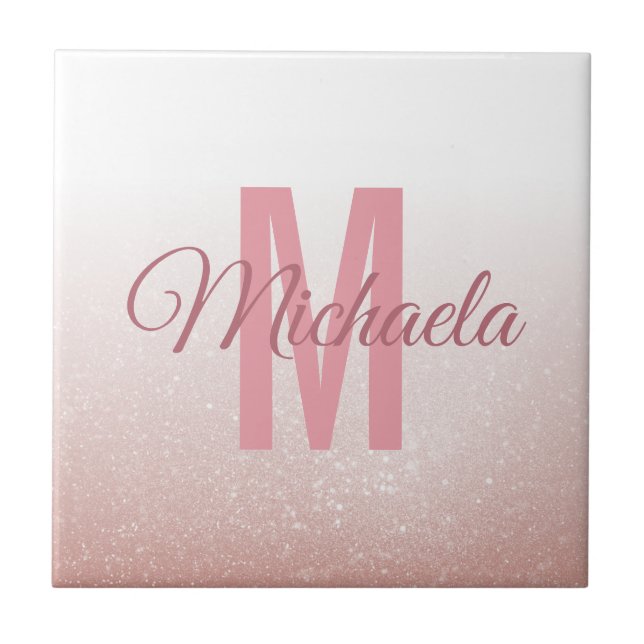 Rose Gold Glitter Modern Monogram Initial Name Ceramic Tile (Front)