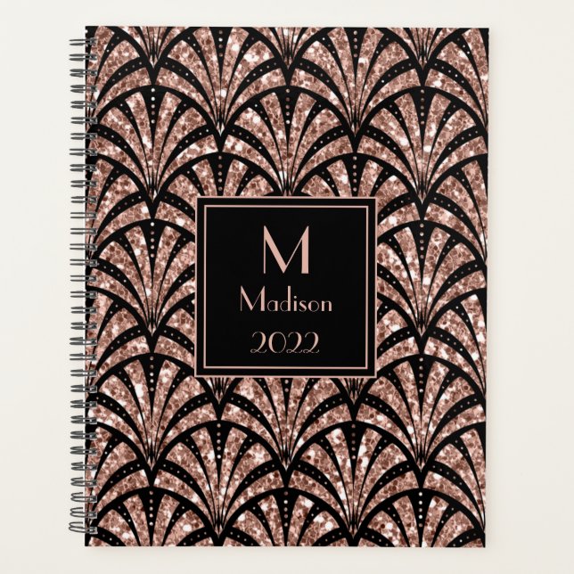 Rose Gold Glitter Monogram Art Deco Pattern   Planner (Front)