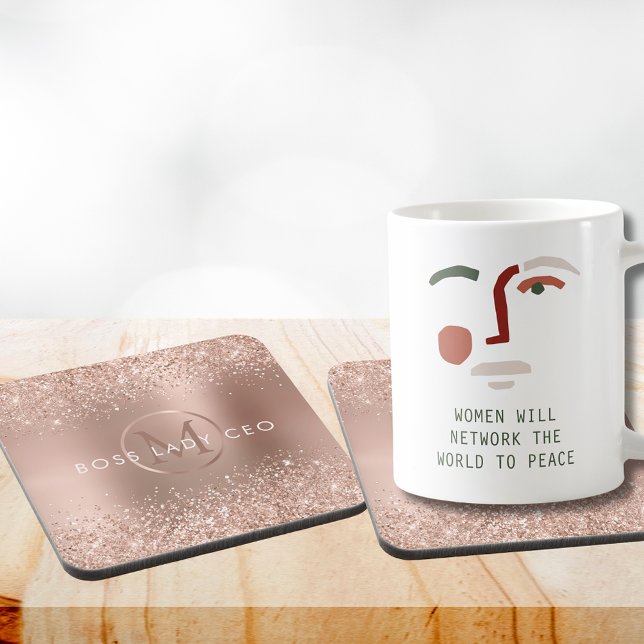 Rose Gold Glitter Monogram Boss Lady CEO Coaster (Rose Gold Glitter Monogram Boss Lady CEO Beverage Coaster-2)