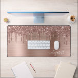 Rose Gold Glitter Monogram Desk Mat<br><div class="desc">Custom elegant monogram desk mat featuring rose gold faux glitter dripping on a rose gold faux metallic background. Personalise with your name in a stylish trendy white script with swashes.</div>