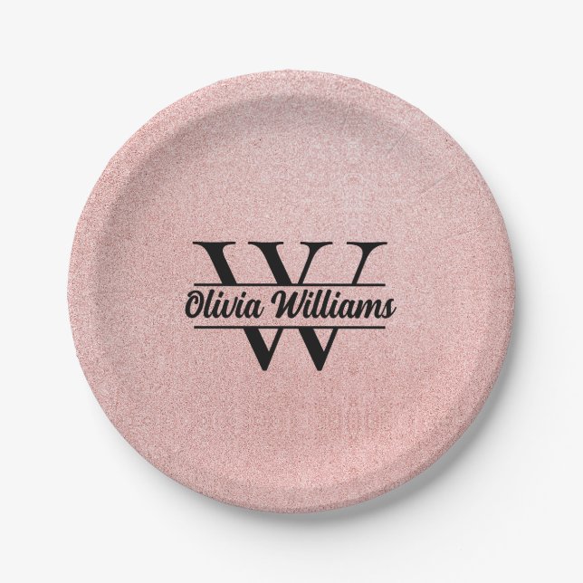 Rose Gold Glitter Monogram | Girly Modern Sparkle  Paper Plate (Front)