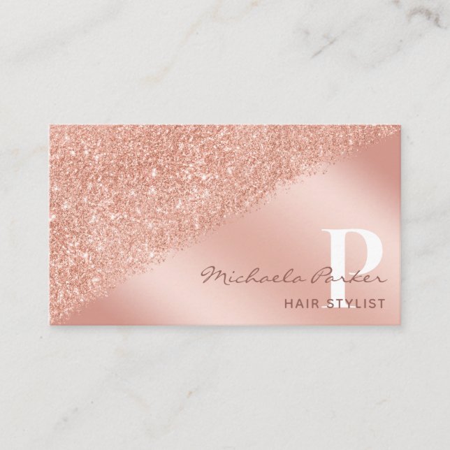 Rose Gold Glitter Monogram Hair Stylist Trendy Business Card (Front)