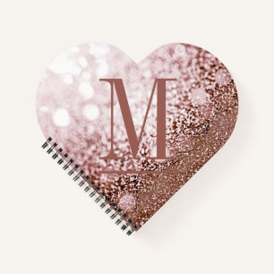 Rose Gold Glitter Monogram Heart Shaped Notebook