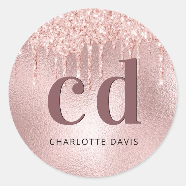 Rose gold glitter monogram initials classic round sticker (Front)
