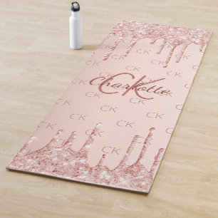 Rose gold glitter monogram initials pink yoga mat