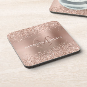 Rose Gold Glitter Monogram Logo Coaster