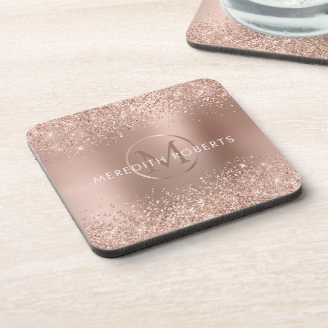 Rose Gold Glitter Monogram Logo Coaster (Left Side)