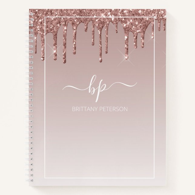 Rose Gold Glitter Monogram Modern Trendy Girly Notebook (Front)