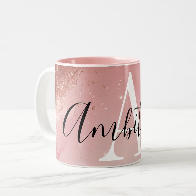 Rose Gold Glitter Monogram Mug – Personalised Name (Front Left)