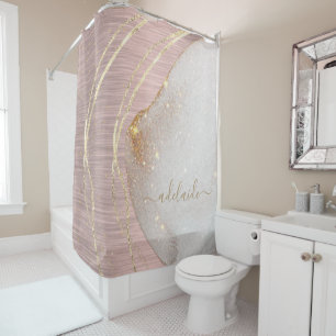 Rose Gold Glitter Monogram Name Script Metallic Shower Curtain
