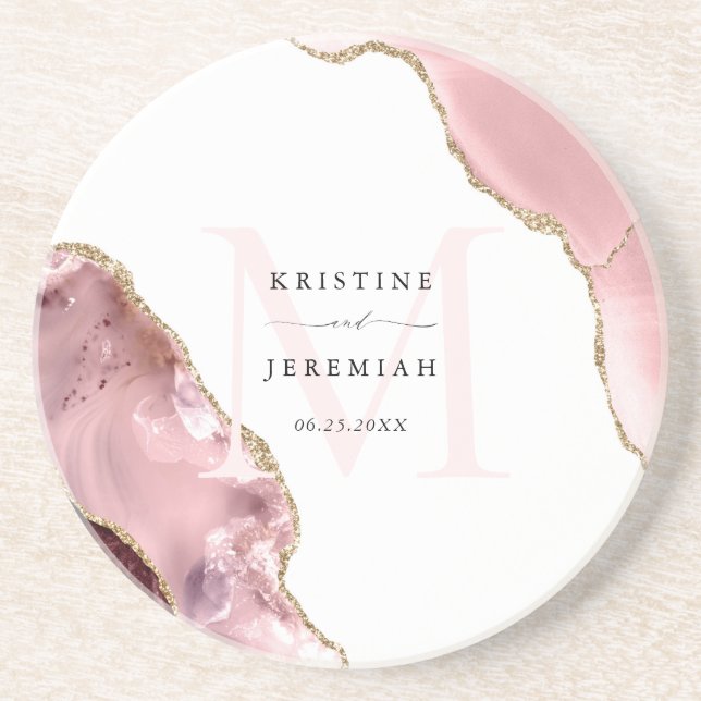 Rose Gold Glitter Monogram Newlywed Coaster (Front)