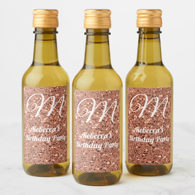 Rose Gold Glitter Monogram Party Favour Mini Bottl Wine Label (Bottles)