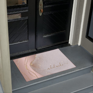 Rose Gold Glitter Monogram Script Name Welcome Doormat