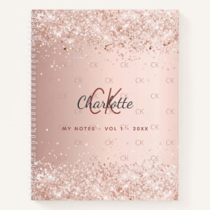 Rose gold glitter monogram script notebook