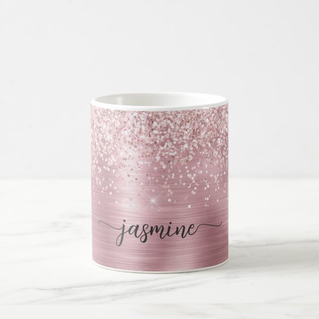 Rose Gold Glitter Monogram Signature Ombre Metal  Coffee Mug (Center)