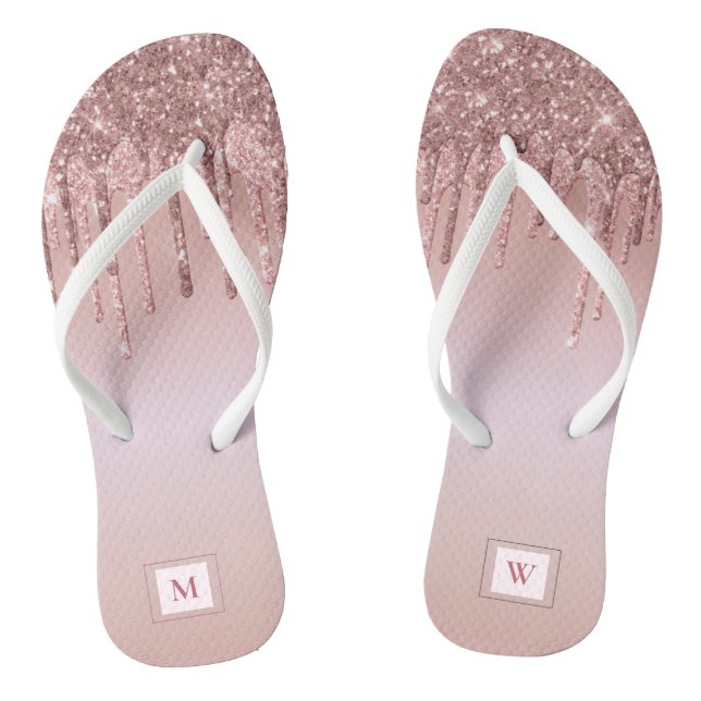 Rose Gold Glitter Monogrammed Girly Thongs (Footbed)