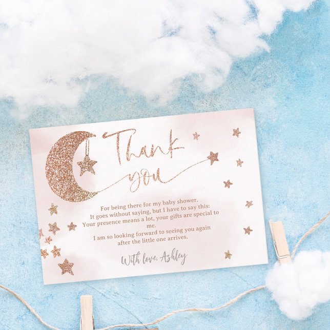 Rose gold glitter moon stars clouds baby shower thank you card (Creator Uploaded)