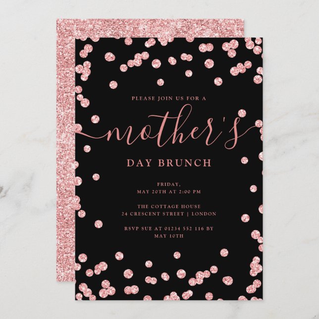Rose Gold Glitter Mother's Day Brunch Black Invitation (Front/Back)